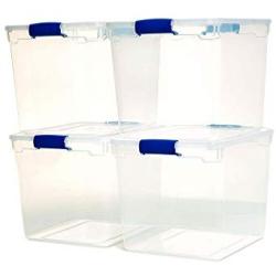 Homz Plastic Storage, Modular Stackable Storage Bins with Blue Latching Handles, 31 Quart, Clear, 4-Pack