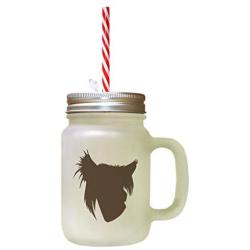 Brown Chinese Crested Dog Silhouette Frosted Glass Mason Jar With Straw