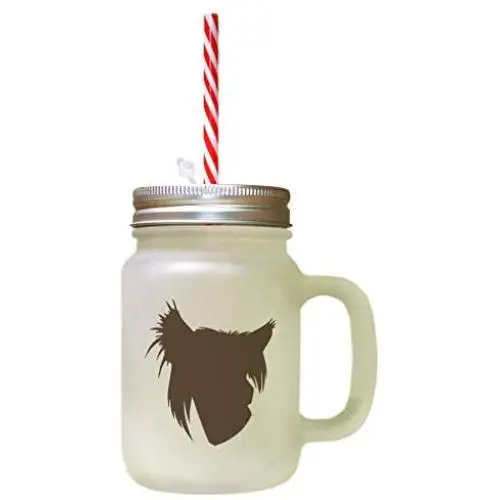Brown Chinese Crested Dog Silhouette Frosted Glass Mason Jar With Straw