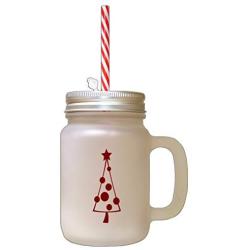 Maroon Christmas Tree Style 7 Frosted Glass Mason Jar With Straw