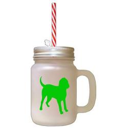 Green Bloodhound Silhouette Frosted Glass Mason Jar With Straw