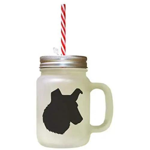 Black Collie, Smooth Silhouette Frosted Glass Mason Jar With Straw Black Collie, Smooth Silhouette Frosted Glass Mason Jar With Straw