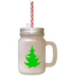 Green Christmas Tree #4 Frosted Glass Mason Jar With Straw
