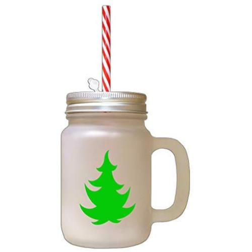 Green Christmas Tree #4 Frosted Glass Mason Jar With Straw