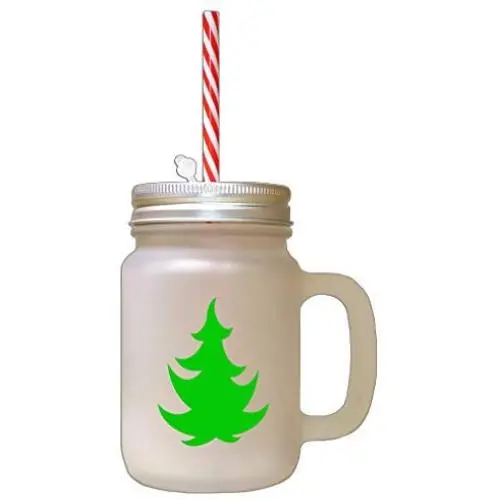 Green Christmas Tree #4 Frosted Glass Mason Jar With Straw Green Christmas Tree #4 Frosted Glass Mason Jar With Straw