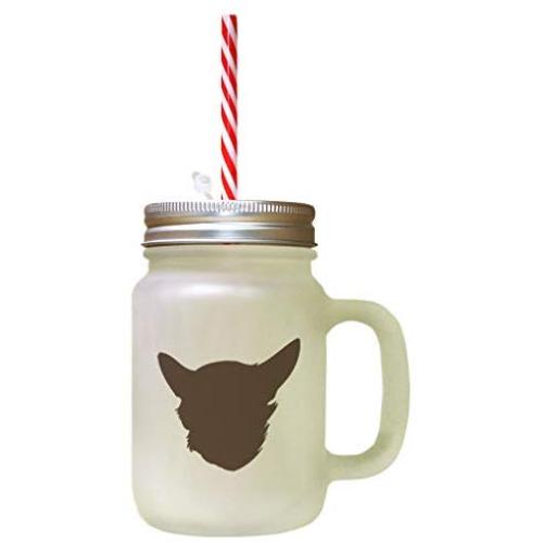 Brown Chein Chihuahua Silhouette Frosted Glass Mason Jar With Straw