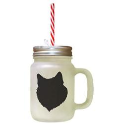 Black Finnish Lapphund Silhouette Frosted Glass Mason Jar With Straw