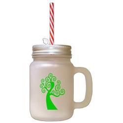 Green Tree #1 Frosted Glass Mason Jar With Straw