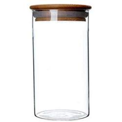 1PCS 750ML 25.4OZ Transparent Empty Cylindrical Glass Sealed Tank with Wooden Cover Large Capacity Tea Candy Snacks Spices Storage Holder Refillable Reusable Pot Jar Bottle Can for Daily Life