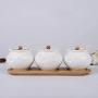 Kitchen seasoning box/Ceramic Condiment Storage Container with Bamboo Wood Tray Salt jar Three-Piece Set