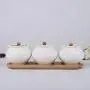 Kitchen seasoning box/Ceramic Condiment Storage Container with Bamboo Wood Tray Salt jar Three-Piece Set
