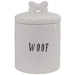 Creative Co-op DA5576 Woof Ceramic Dog Treat Jar with Bone Handle in Lid, 6" Round x 8.5" Tall, White