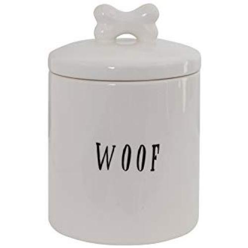 Creative Co-op DA5576 Woof Ceramic Dog Treat Jar with Bone Handle in Lid, 6" Round x 8.5" Tall, White