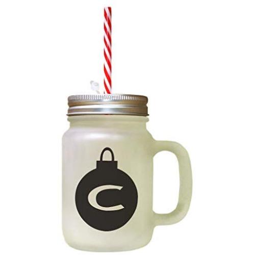 Black&quotC" Christmas Tree Toy Monogram C Frosted Glass Mason Jar With Straw
