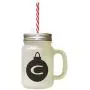Black&quotC" Christmas Tree Toy Monogram C Frosted Glass Mason Jar With Straw