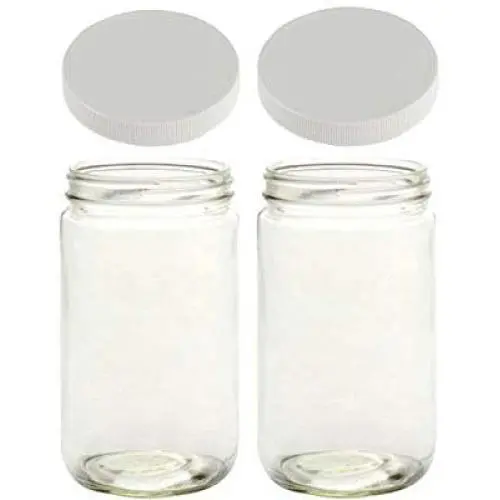 Jarming Collections - 2 Quart Glass Mason Jars -Extra Wide Mouth with 2 Plastic (BPA Free) Storage Lids- Made in the USA (2 White Plastic Lids)