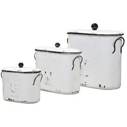 Set of 3 White Metal Canister Farmhouse Rooster Kitchen Decorative Jars with Lids