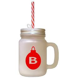 Red&quotB" Christmas Tree Toy Monogram B Frosted Glass Mason Jar With Straw