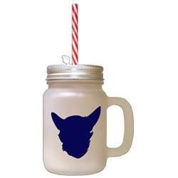Navy Chein Chihuahua Silhouette Frosted Glass Mason Jar With Straw
