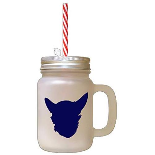 Navy Chein Chihuahua Silhouette Frosted Glass Mason Jar With Straw
