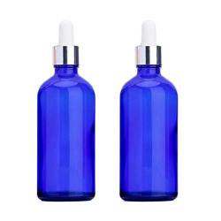 2PCS 100ml/3.4oz Empty Refillable Blue Glass Essential Oil Dropper Bottles With Glass Pipette White Rubber Head Cosmetic Container Jar Pot Holder for Aromatherapy Oils Elite Fluid