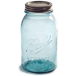 Ball Mason Jars 32 oz Regular Mouth Aqua Vintage Colored Glass Bundle with Non Slip Jar Opener- Set of 4 Quart Size Mason Jars - Canning Glass Jars with Lids