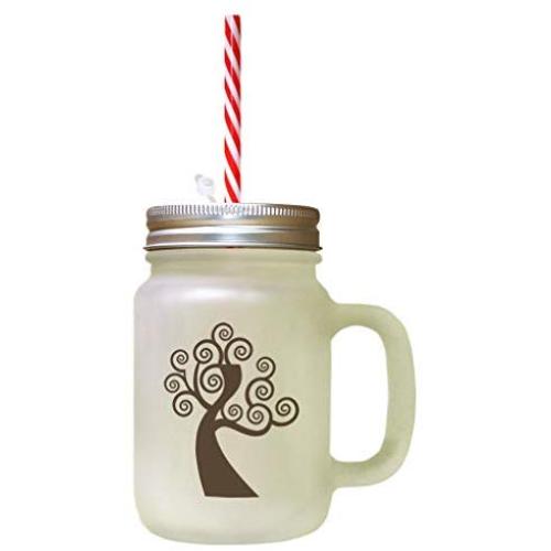 Brown Tree #1 Frosted Glass Mason Jar With Straw