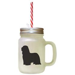 Black Bearded Collie Silhouette Frosted Glass Mason Jar With Straw