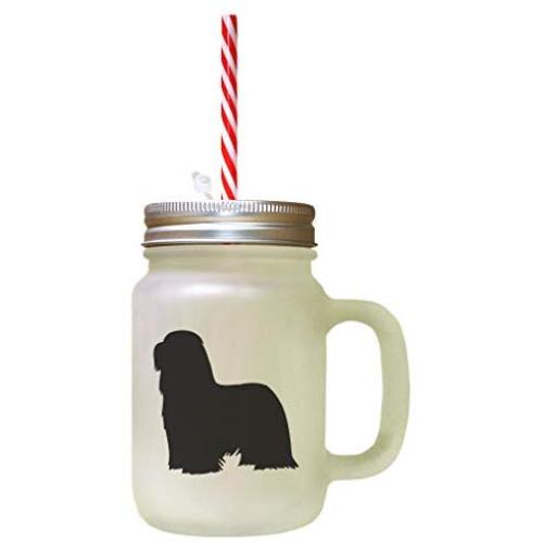 Black Bearded Collie Silhouette Frosted Glass Mason Jar With Straw