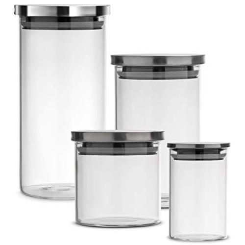 Kitchen Canister Set of 4, Glass Jars with Airtight Stainless Steel Lid, Clear Food Storage Container Ideal for Flour, Sugar, Coffee, Candy, Snack and More