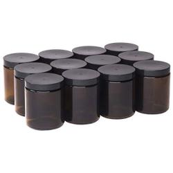 North Mountain Supply 9 Ounce Amber Glass Straight Sided Mason Canning Jars - with 70mm Black Plastic Lids - Case of 12