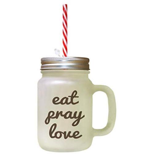 Brown Eat Pray Love 2 Frosted Glass Mason Jar With Straw