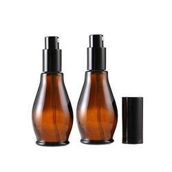 2Pcs Empty Refillable Cucurbit Shaped Amber Glass Lotion Pump Bottles Portable Cosmetic Makeup Cream Lotion Container Vial Jar Dispenser With Black Pump Head and Cap(50ml/1.7oz)