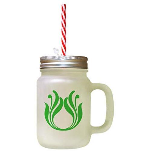 Green Orange Flower Image Frosted Glass Mason Jar With Straw