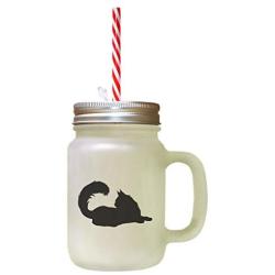 Black Maine Coon Cat Silhouette #2 Frosted Glass Mason Jar With Straw