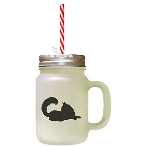 Black Maine Coon Cat Silhouette #2 Frosted Glass Mason Jar With Straw