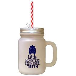 Navy Little Monsters Brush Their Teeth Frosted Glass Mason Jar With Straw