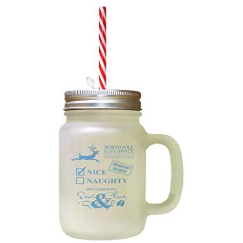 Light Blue Northpole Post Office Nice Deliverd By & Santa Claus Rudalph Overnight Delivery Frosted Glass Mason Jar With Straw