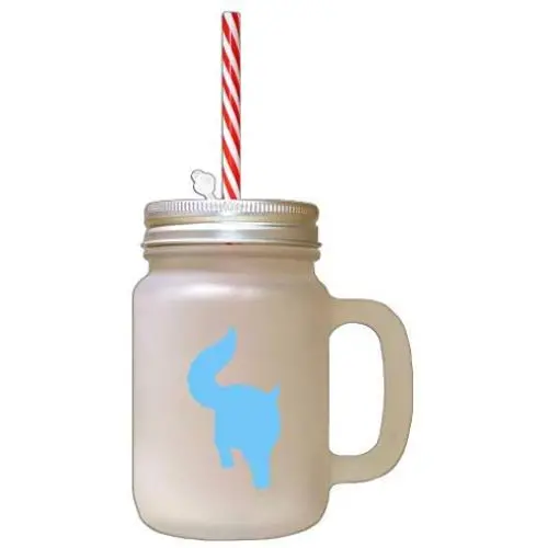 Light Blue Maine Coon Cat Silhouette #3 Frosted Glass Mason Jar With Straw