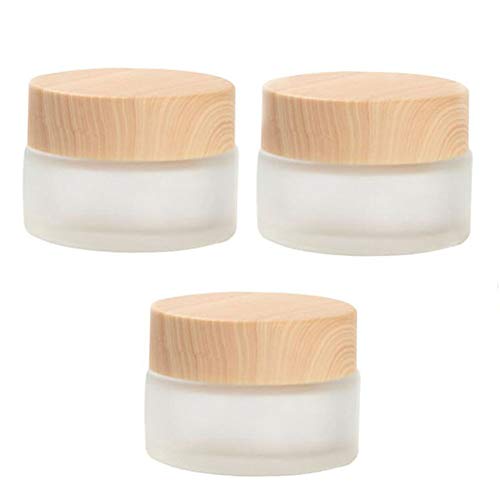 3PCS 30g/1oz Empty Frosted Clear Glass Bottle with Wood Grain Plastic Lid and Inner Plug Refillable Travel Sample Packing Containers Dispenser Storage Jars Vial Pot for Face Eye Cream(As photo)