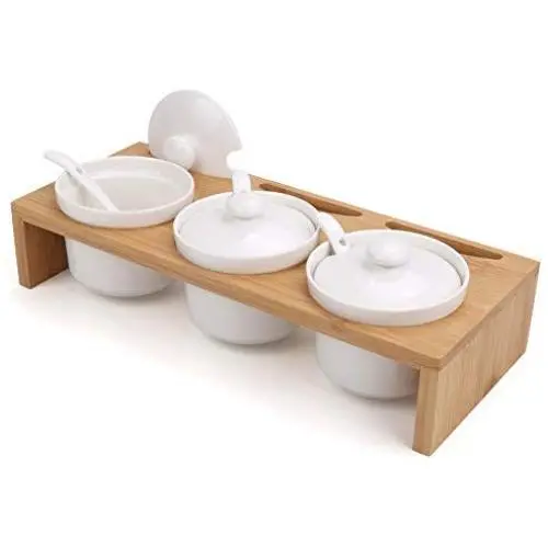 Servier Zuckerhutschen Set, 3er-Set Keramik-Lebensmittelfässer mit Bambusdeckel und Keramik-Löffel für Zuhause und Küche, Porzellan-Zuckerbehälter mit Löffel für Zucker, Kaffee, Tee, Gewürze (3-er Set Stil E)