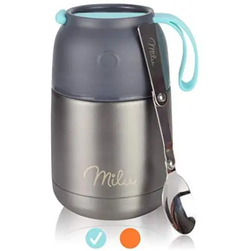 Bouteille isotherme Milu avec Pot à Nourriture et Cuillère Pliable 15,2 oz / 22 oz – Double Mur Inox – Boîte à Lunch Grande Ouverture pour Enfants et Adultes – Gris/Bleu