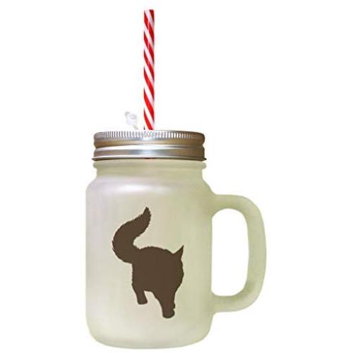 Brown Maine Coon Cat Silhouette #3 Frosted Glass Mason Jar With Straw