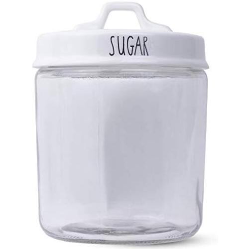 Clear Wide-Mouth Glass 1 Gallon Storage Jar, with Double Sided White Porcelain Lid by PotteryLove (Sugar)
