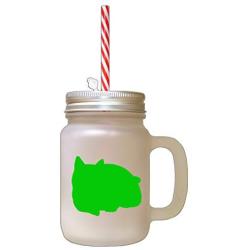 Green British Shorthair Cat Silhouette #2 Frosted Glass Mason Jar With Straw