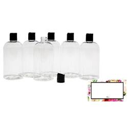 Baire Bottles - 16 Ounce Clear Plastic Bottles with Black Hand-Press Flip Disc Caps - Organize Soap, Shampoo, Lotion with a Clean, Clear Look - PET, No BPA - 6 Pack, with 6 Floral Labels