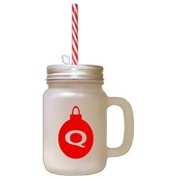 Red&quotQ" Christmas Tree Toy Monogram Q Frosted Glass Mason Jar With Straw