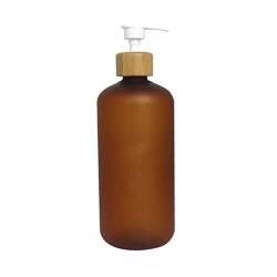 500ml Bamboo Cap Amber Frosted Plastic Lotion Cream Pump Bottle Shampoo Body Wash Empty Container
