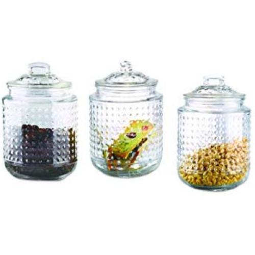 Home Basics Dotted 40.5 oz. Glass Canister Jar with Glass Fresh Sealed Air-Tight Lid, Food/Grocery Storage for Tea, Coffee, Sugar, Lentil, Pasta Containers (Set of 3), Clear