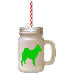 Green Norwegian Buhund Silhouette Frosted Glass Mason Jar With Straw